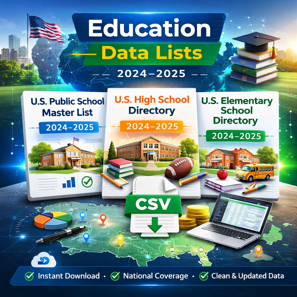 Education Data Lists featured image showing U.S. public, high school, and elementary school CSV directories for 2024–2025