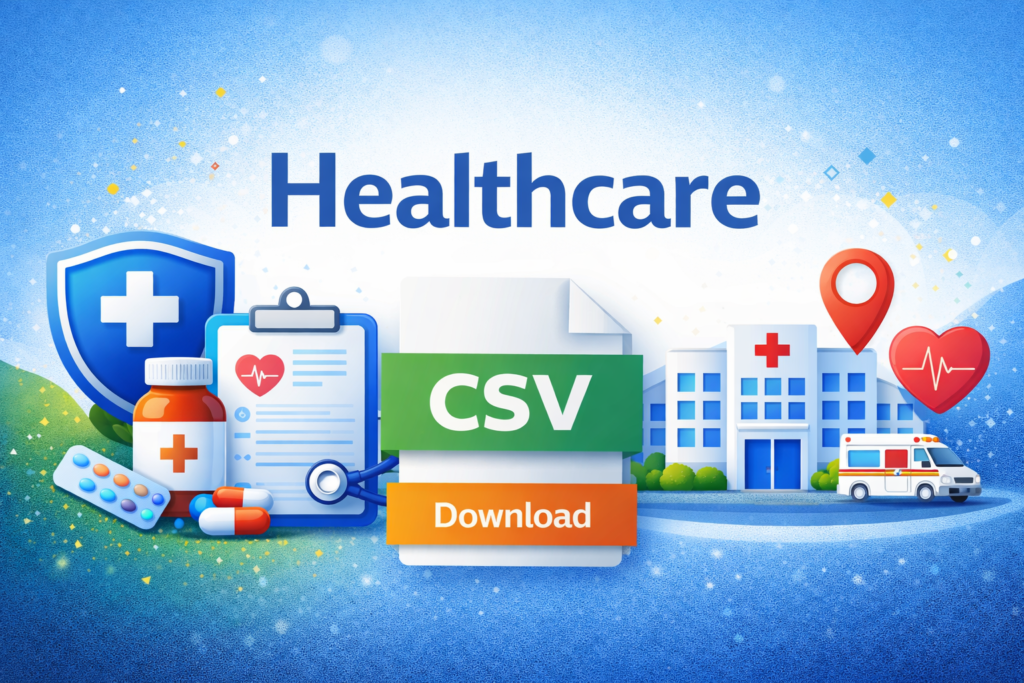 Healthcare featured image with hospital, medical icons, and CSV download graphic